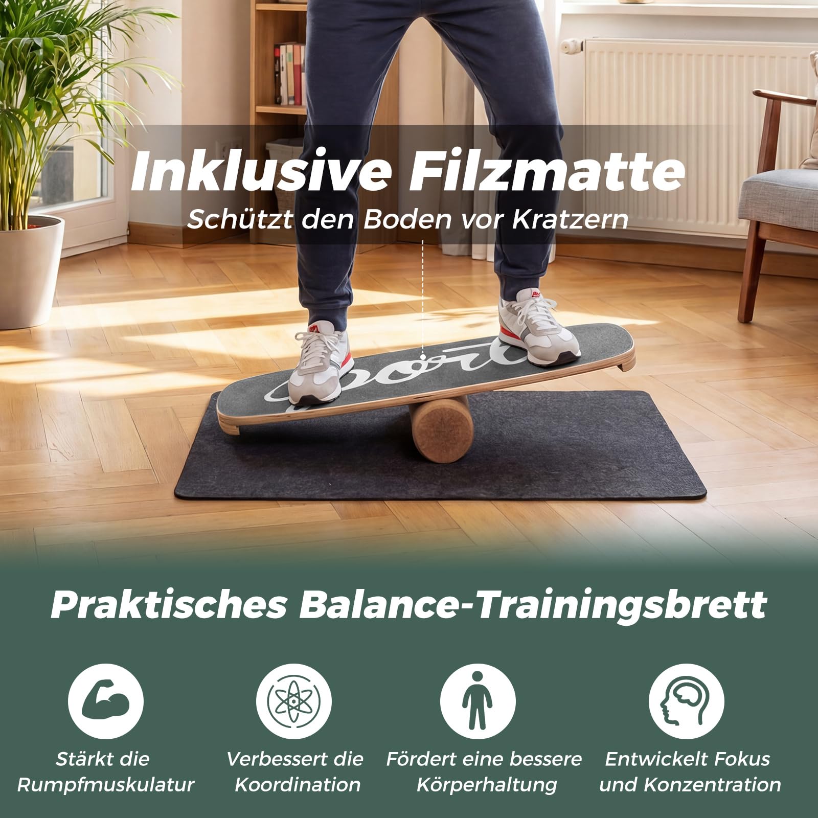 COSTWAY Balance Board, 17 mm Wackelbrett mit 10 cm Korkrolle & Filzmatte, Surfboard aus Birkenholz bis 100 kg belastbar, Balancierbrett mit rutschfester Oberfläche für Kinder, Erwachsene