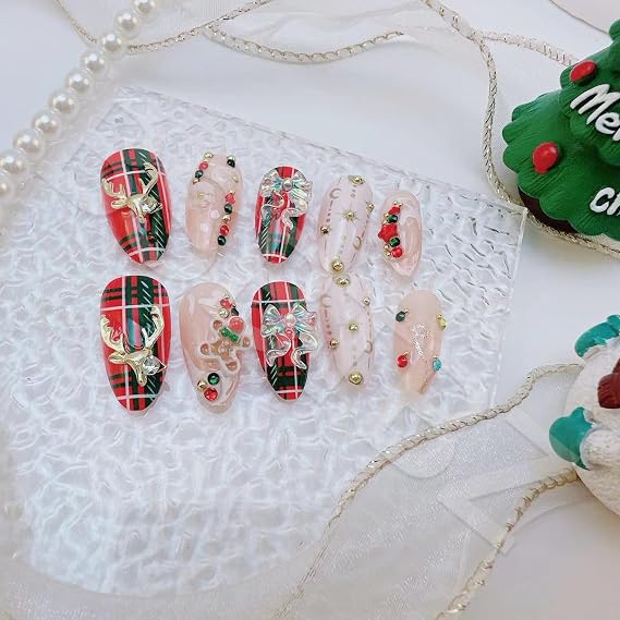 24Pcs Christmas Fake Nails Luxury Handmade Press on Nails with 3D Bow Elk Rhinestone Charm Designs Cute Gingerbread Almond False Nails Nail Tips Full Cover Red Plaid Deer DIY Xmas Nails for Women