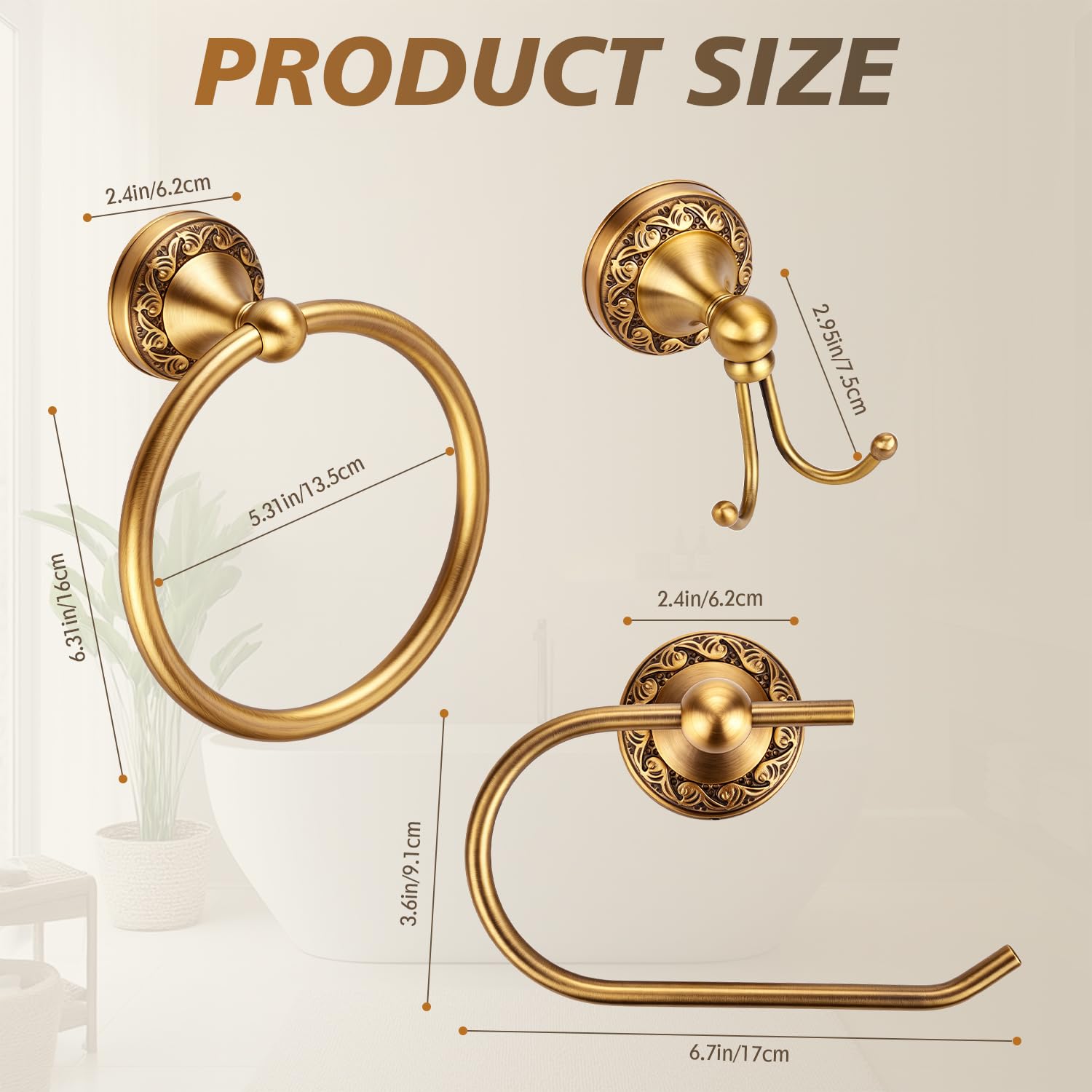 3 Stück Set Antike Messing Badezimmer Zubehör, Toilettenpapier Gewebehalter, Handtuch Ring Aufhänger und Wandkleidung & Robe Doppelhaken, Wand montiert Retro Heavy Duty Vintage Badezimmer Hardware