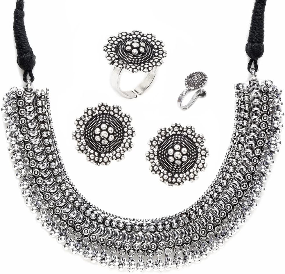 Fashion Jewellery Set for Women Antique Oxidised Silver Plated Tribal Jewellery Necklace Earring Set for Women & Girls