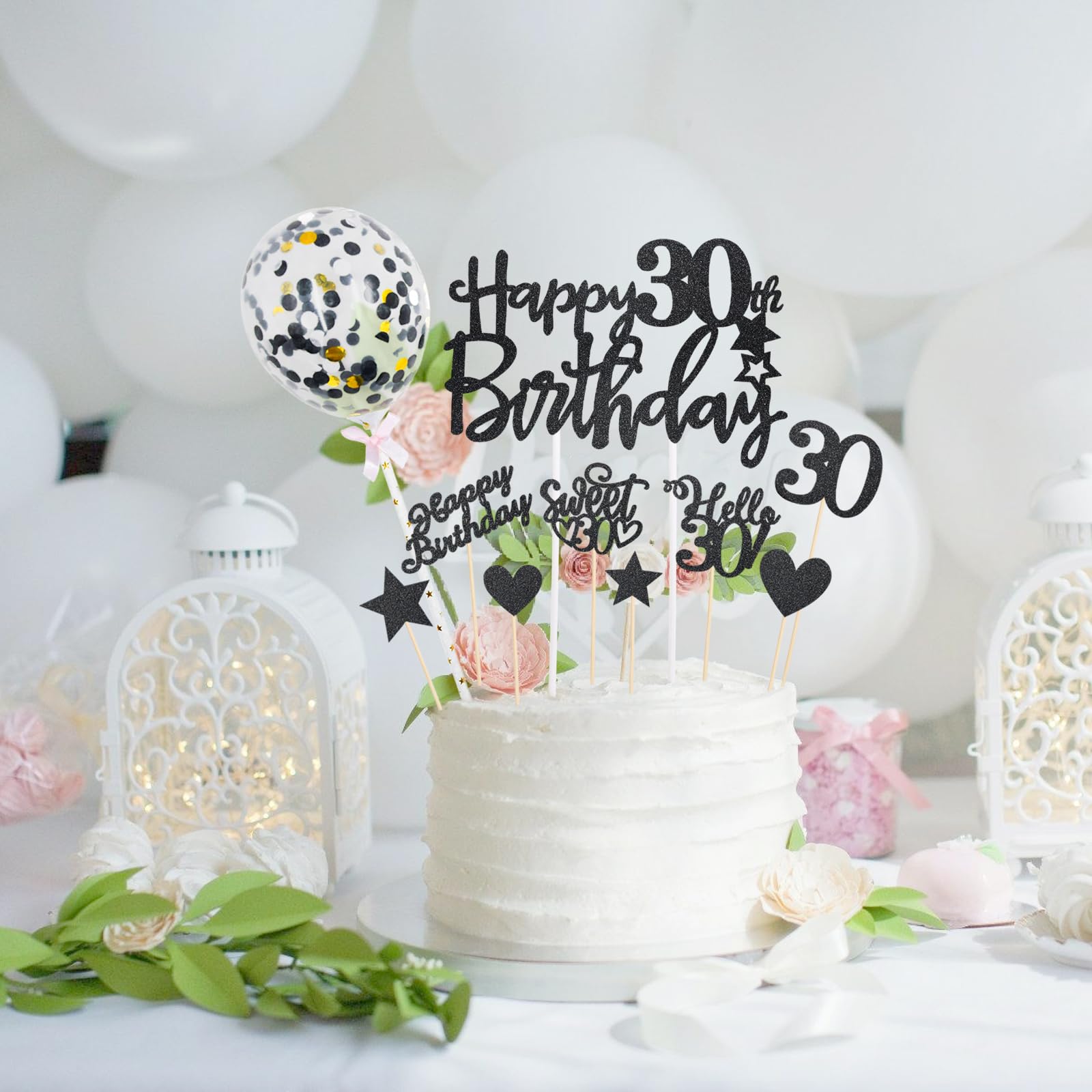 30. Geburtstag Cake Topper Set – Schwarz-glitzernd, Mit Sternen, Herzen & Ballon