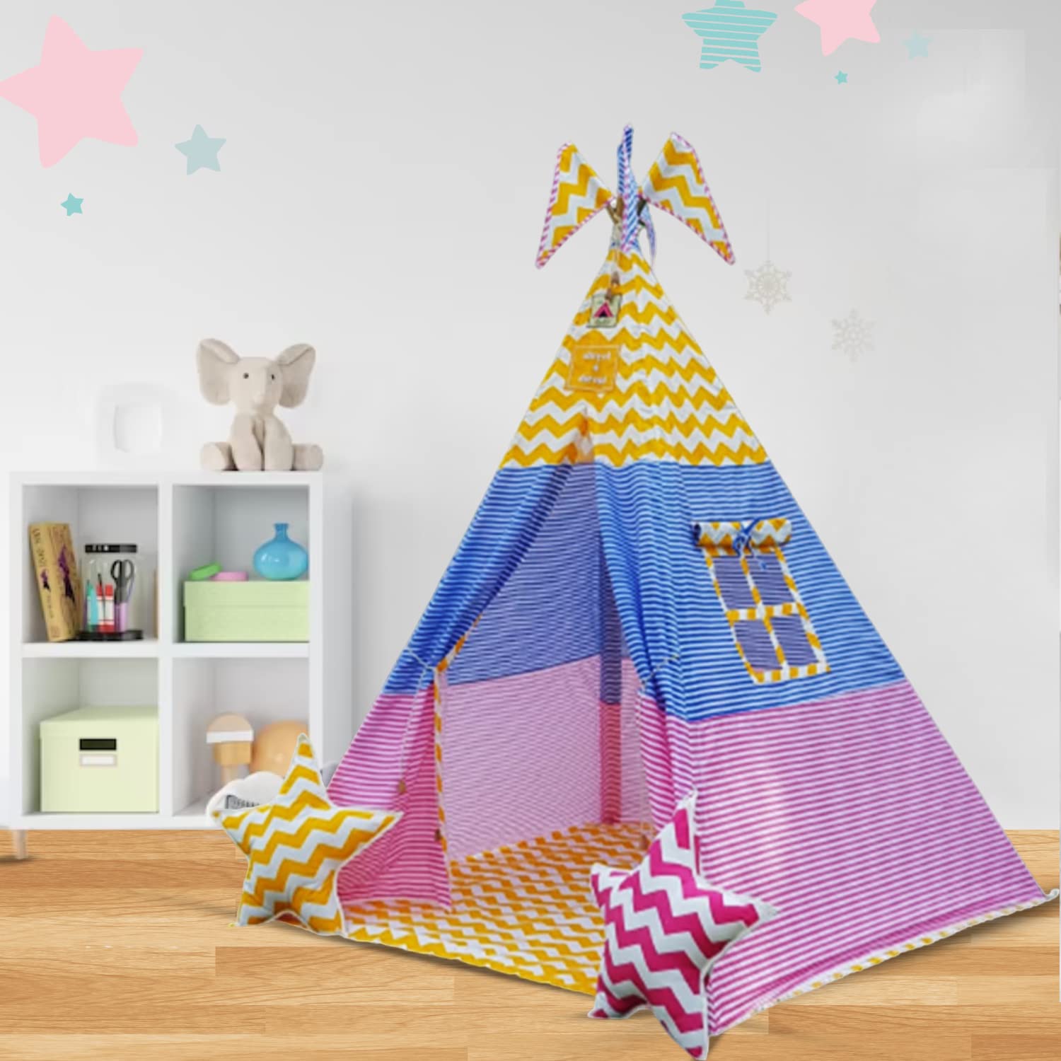 Play Tents Teepee Tent with 2 Star Cushions Free & Flags and Windows for Kids, Washable Foldable Teepee Indoor Tent for Kids, Play Tents for Kids Age 1 to 12 Years (Color- Rainbow, Fabric - Cotton) (B095YVQTQD) Amazon Price History, Amazon Price Tracker