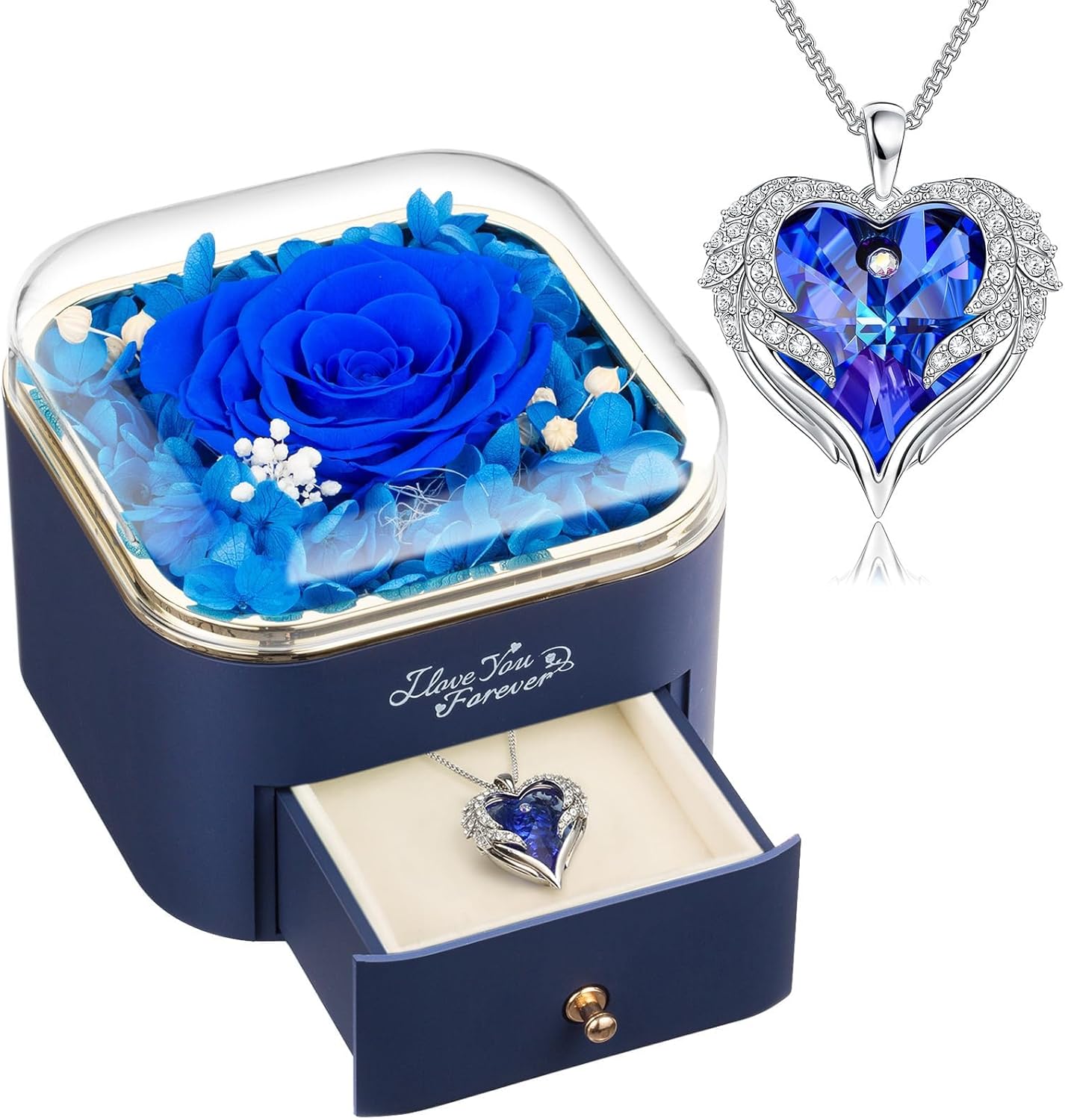 Preserved Real Blue Rose with Angle Wings Necklace, Forever Flowers Gifts for Mom Grandma Wife Girlfriend at Christmas Valentines, Anniversary Birthday Gifts for Women, I Love You Gifts for Her