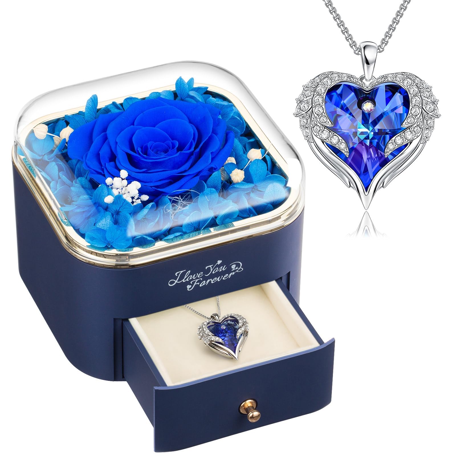 Amazon.com: Preserved Real Blue Rose with Angle Wings Necklace