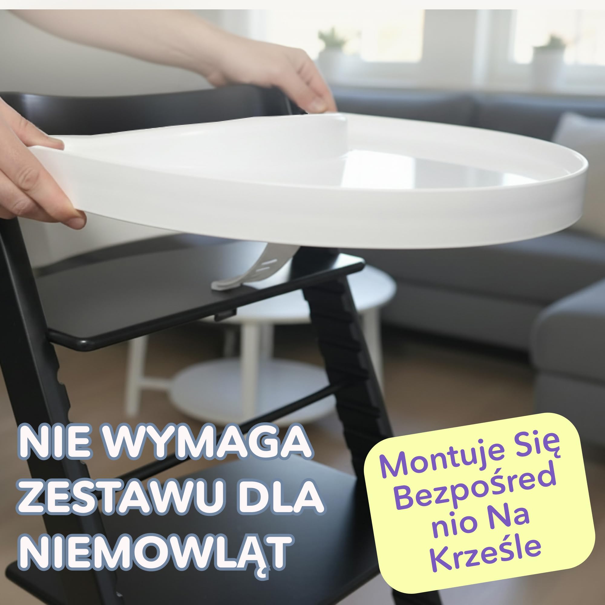 Taca do krzesełka Stokke Tripp Trapp – Biała – Bez zestawu Baby Set. Antypoślizgowa powierzchnia dla przyssawek. Zatrzask. Bez BPA