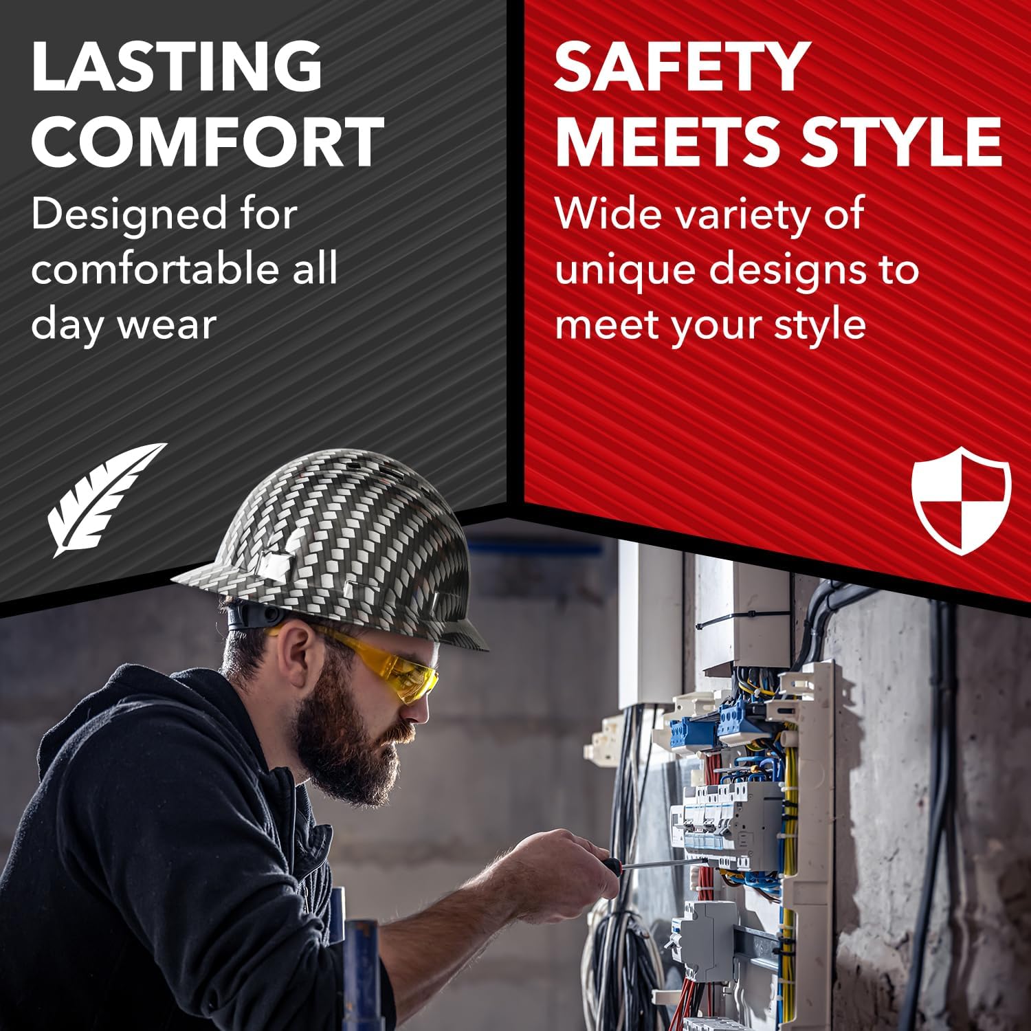 4 PCS Full Brim Carbon Fiber Hard Hat Safety Helmet with 6-Point Adjustable Ratchet Suspensions OSHA Construction Hard Hat Safety Cap One Size Helmet