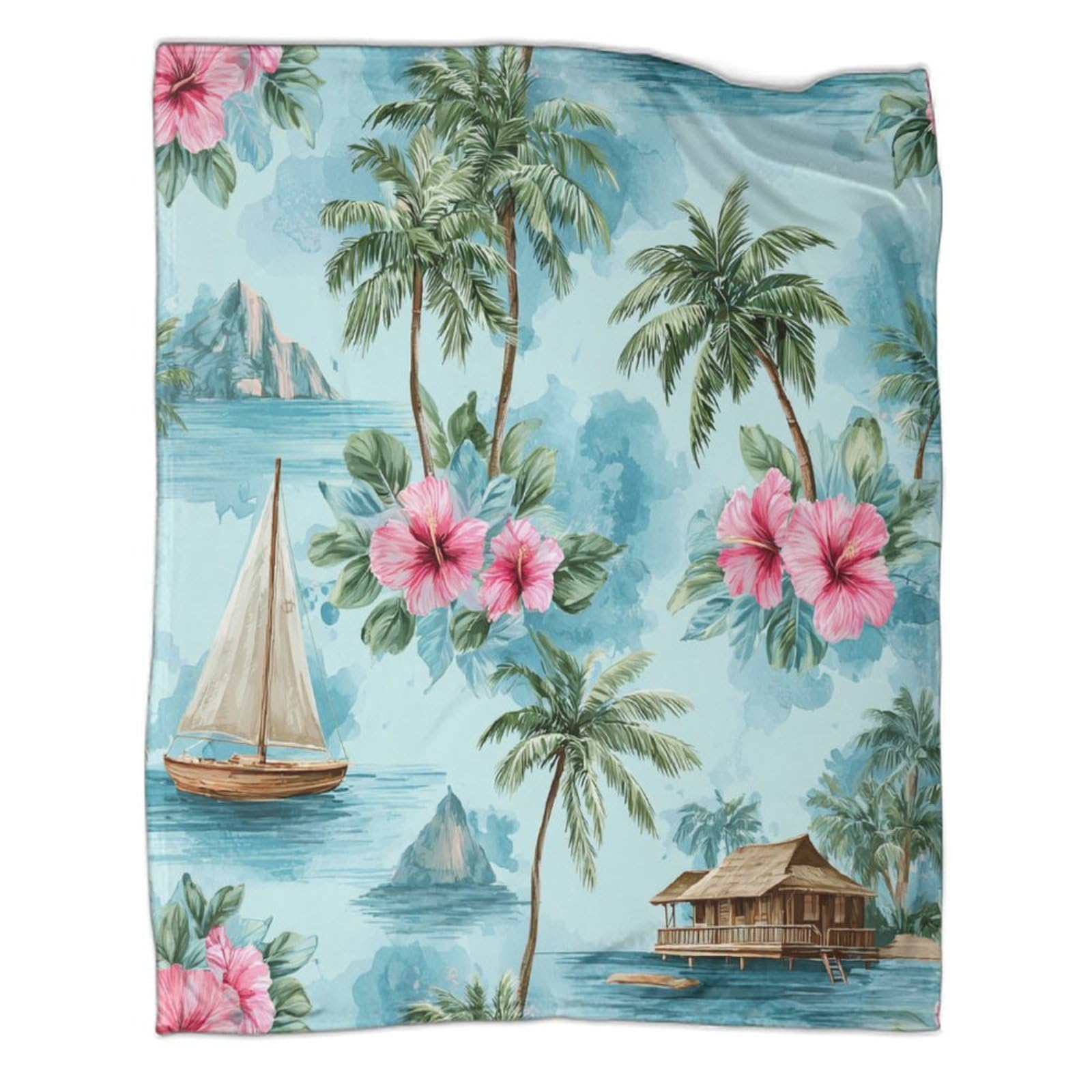 kaiyun Coconut Trees, Vintage Wooden Sailboats, Pink Hibiscus Flowers Super Soft Blanket | Throws | Fluffy And Comfortable Travel Cover,80x90inch(200x230cm)