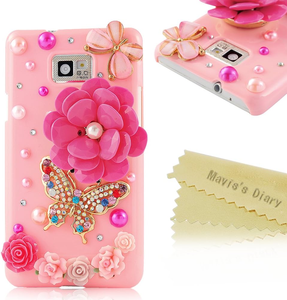S2 Case, Galaxy S2 Case - Mavis's Diary 3D Handmade Bling Crystal Pink Flowers Colorful Butterfly Sparkle Glitter Rhinestone Hard Case Cover for Samsung Galaxy S2 i9100 Galaxy S 2 II Plus I9105 International Version with Soft Clean Cloth