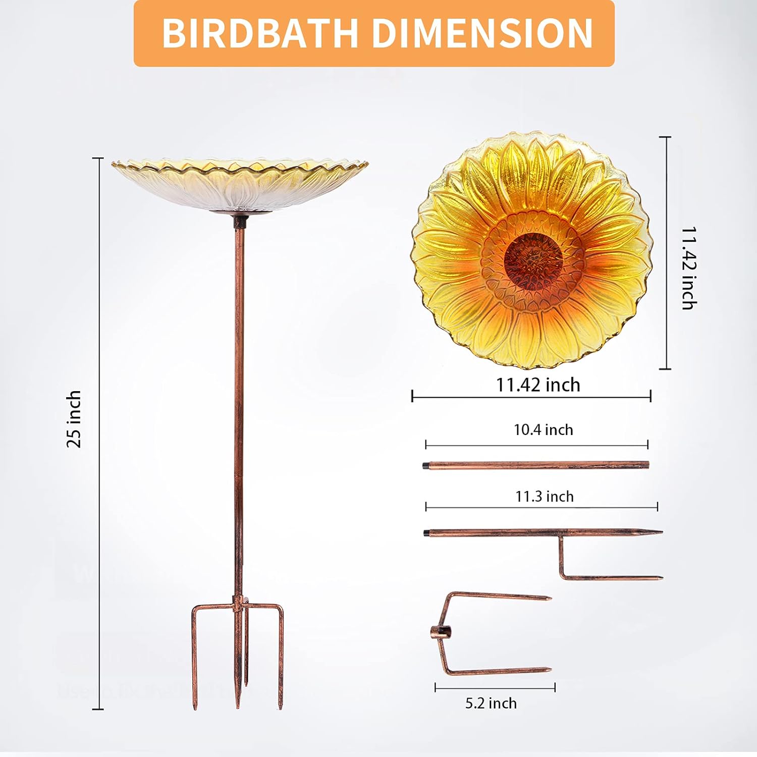 MUMTOP Glass Bird Bath, Garden Outdoor Birdbaths Birdfeeder with Metal Stake Sunflower thumbnail