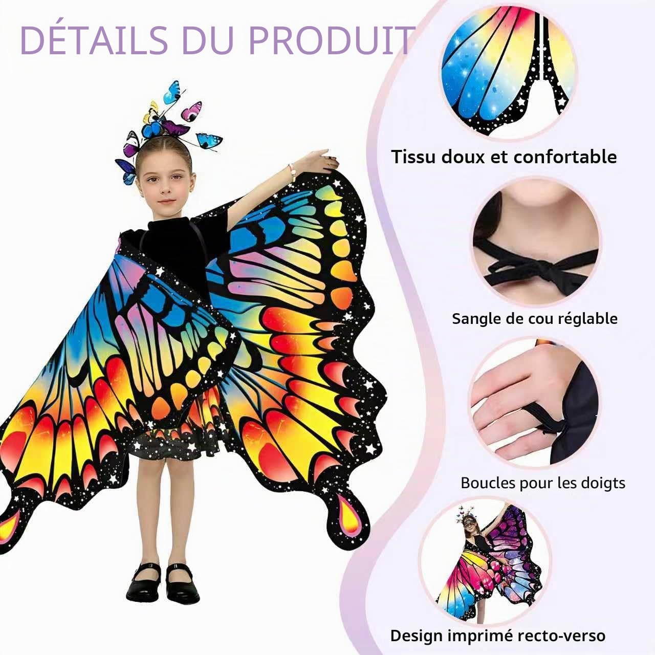 Deguisement Papillon pour Fille Déguisement Ailes de Papillon pour Enfant Deguisement Fille Cape Double pour Halloween Carnaval Cosplay Mascarade