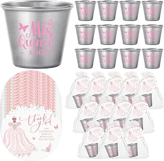 Tioncy 25 Sets Quinceanera Party Favors for Guests Short Glass Stainless Steel Shot Glass Thank You Card Organza Bag Mis Quince Anos Recuerdos Sweet 15 Birthday Party Favor