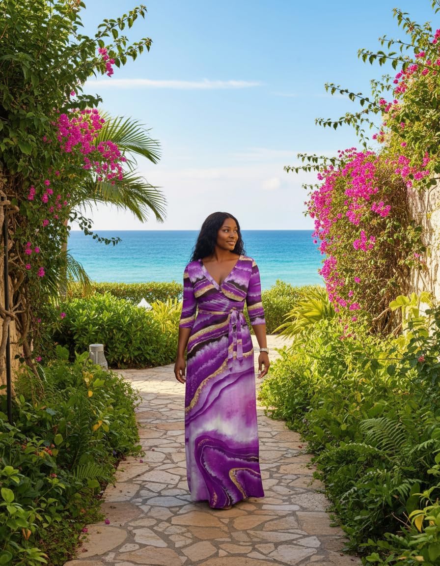 FANDEE Plus Size Maxi Dress for Women Casual Summer Sundress V-Neck 3/4 Sleeve - Image 3