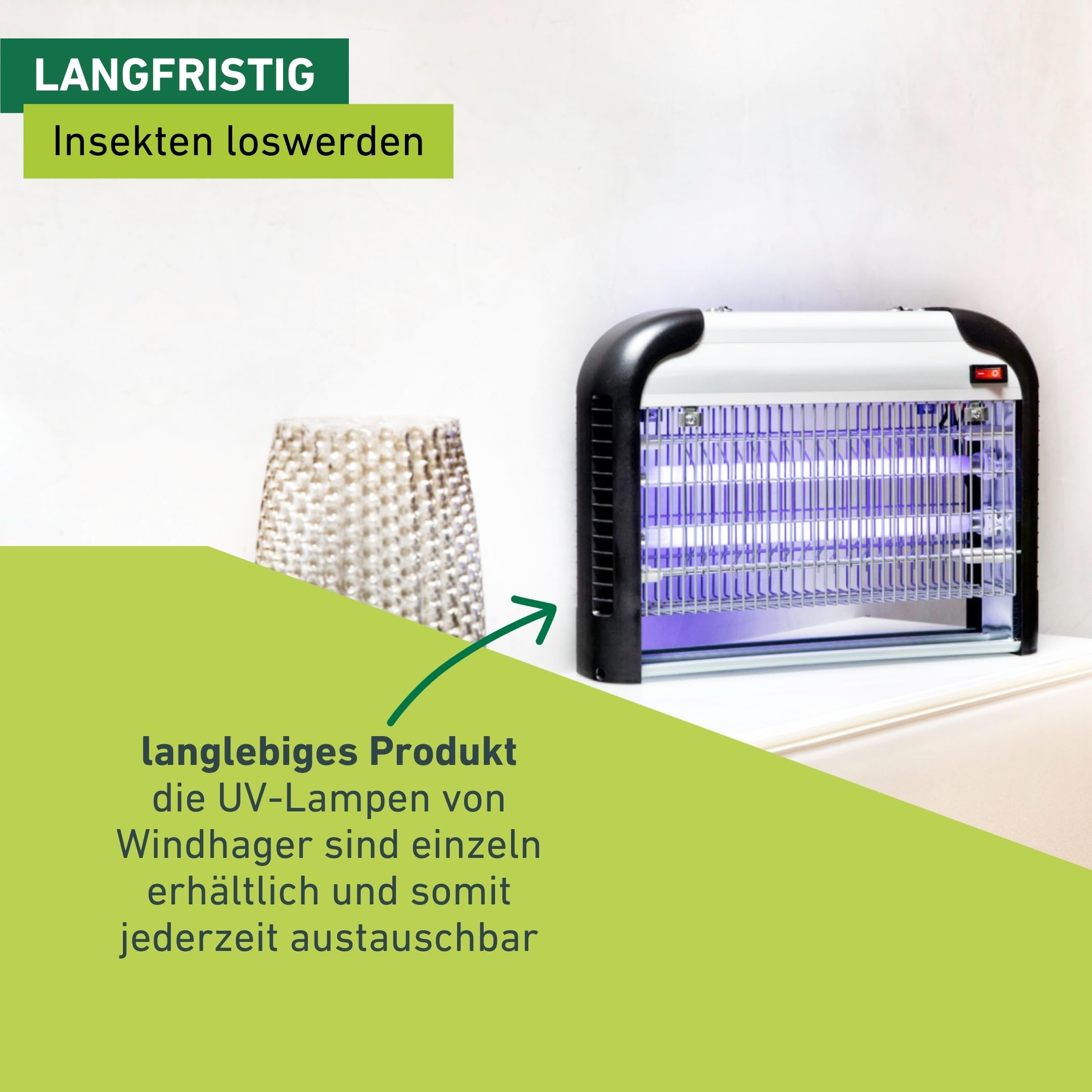 Windhager Fluginsekten Schutzlampe Comfortable +, Insektenvernichter, Insektenlampe, Mückenvernichter, Mückenschutz, Gift-und chemiefrei, für 100m², 20Watt, 03529