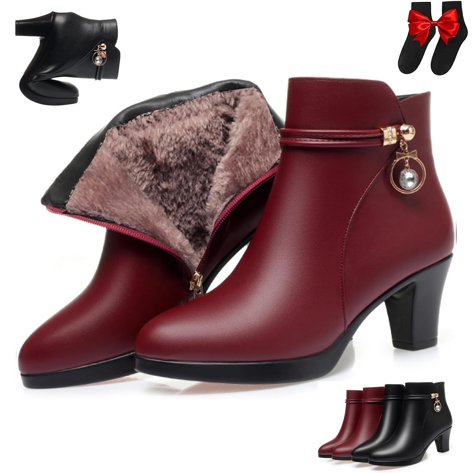 Womens Leather Mid Block Heel Ankle Boots Winter Warm Fur Lined Ankle Boots Side Zipper Sparkling Rhinestones Waterproof