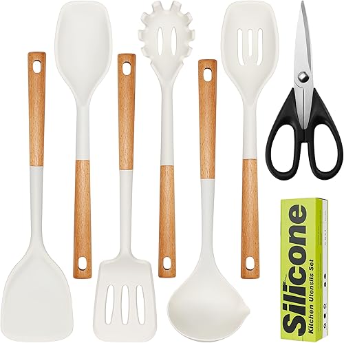 Juego de utensilios de cocina de silicona grandes, 7 piezas, mango de madera, juego de espátulas resistentes al calor, juego de utensilios de cocina