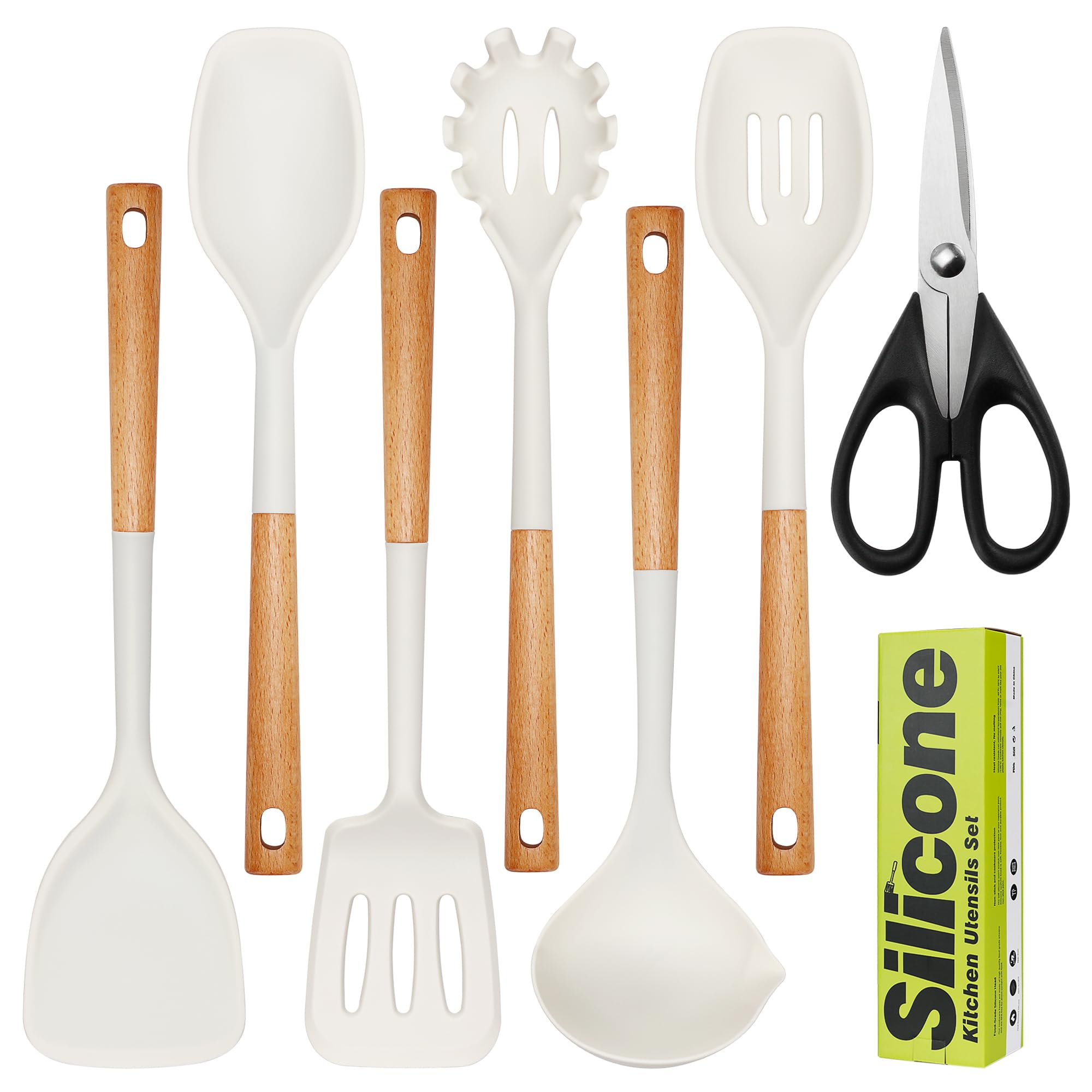 Großes Silikon-Kochutensilien-Set, 7-teilig, hitzebeständig, antihaftbeschichtet, lebensmittelechtes Silikon, Holzgriffe, Küchenutensilien, BPA-frei, zum Kochen, solider Löffel, Spatel, Suppenkelle