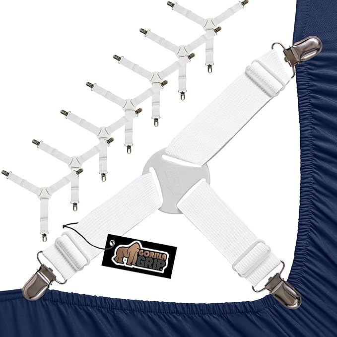 GORILLA GRIP Bed Sheet Straps, Adjustable Elastic Fasteners with Metal Clips, Keep in Place Fitted Bedding Holder, Easy Install Suspenders Mattress, Firm Tight Accessories, 8 Pack White