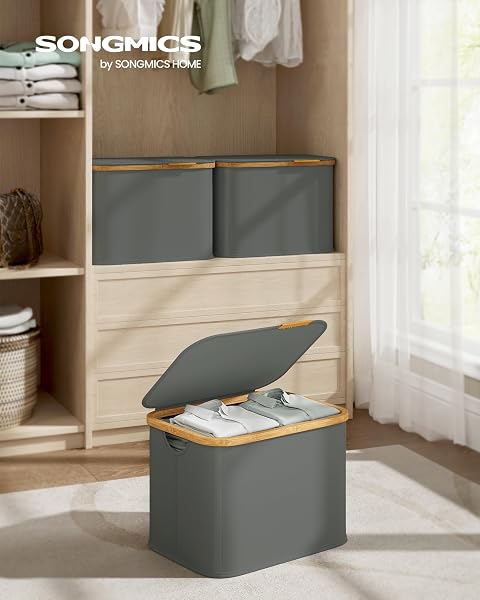 SONGMICS Cesto Portabiancheria con Coperchio, Porta Biancheria Compatto Pieghevole, Tessuto Oxford, Telaio in Bambù, Lavanderia, 40 L, 42 x 32 x 30 cm, Grigio Ardesia LCB516GN01 - 2