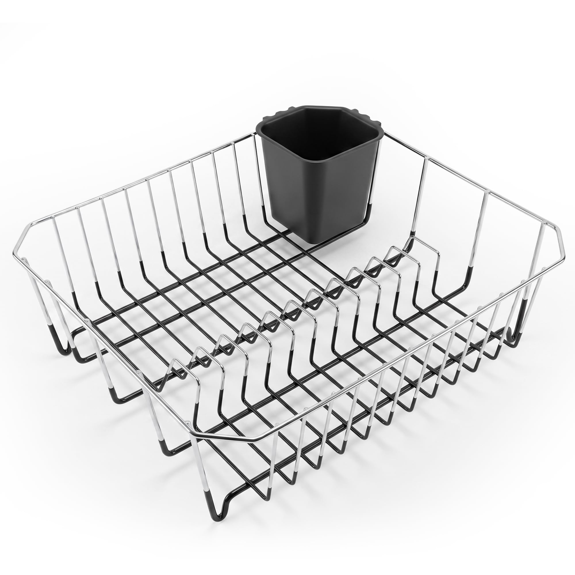 Besto Dish Drainer Rack with Cutlery Holder | Silicone Dipped Chrome Plated Dish Drainer with Plastic Coating | Dish Drying Rack with Non-Scratch Base | Easy to Clean (Black)