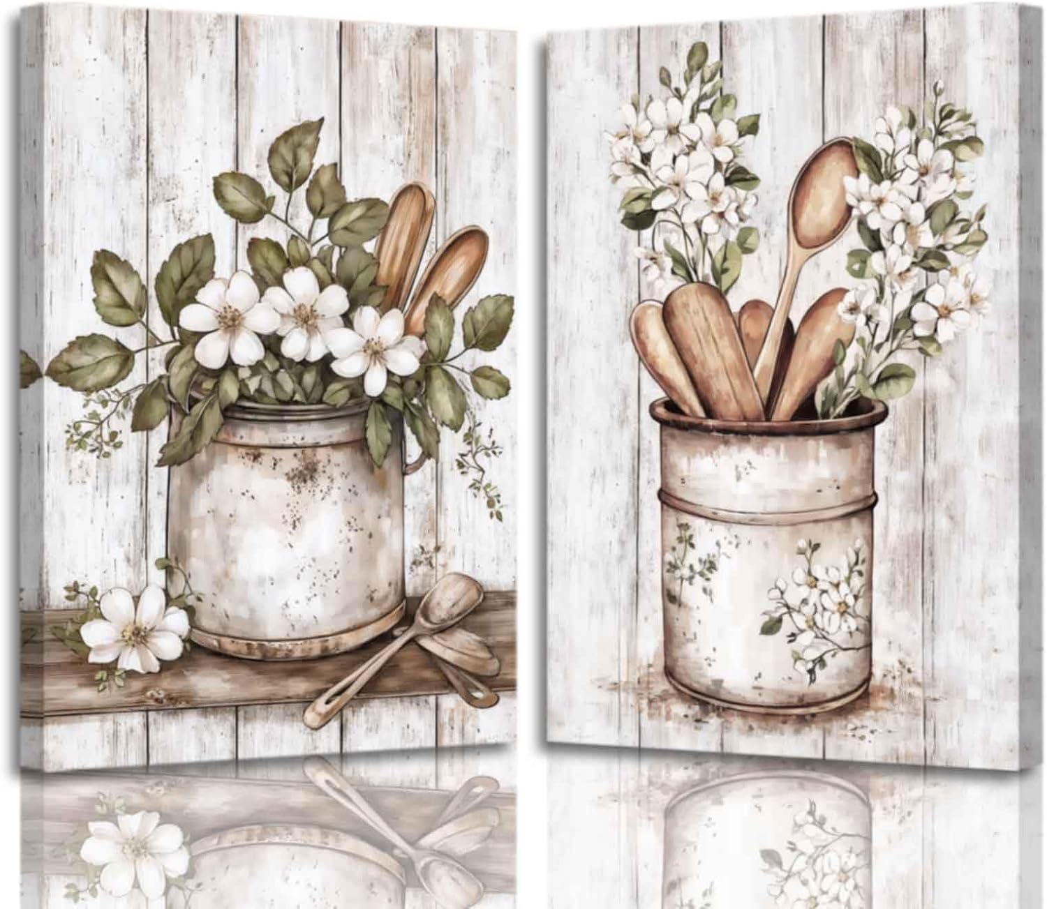 ZSHARTSWD Kitchen Wall Art 2 Piece Vintage Kitchenware Pictures Farmhouse Floral Tableware Canvas Print Rustic Flower Painting Dining Room Home Decor Framed (White, 12.00" x 16.00" x 2PCS)