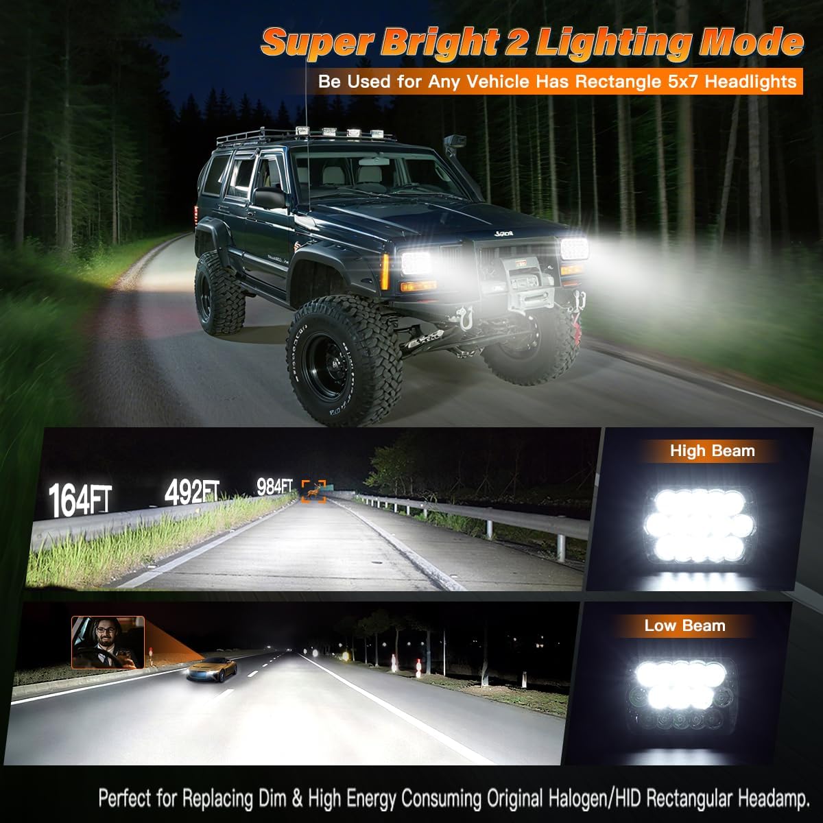 5x7 7x6 In LED Headlights with H4 Relay Wire Harness DOT Approved High/Low Beam H6054 Rectangular Headlight for Truck Offroad Van SUV Blazer Ford GMC Replace for H6545 H6052 H5054 H6545 Socket