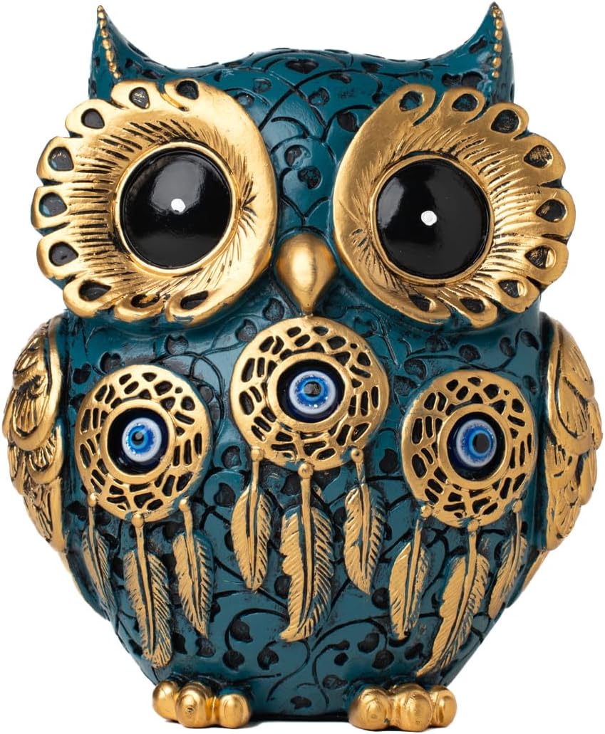 Vintage Blue & Gold Owl Figurine Statue - Evil Eye Home Decor Accent for Bookshelf, Bedroom, Office, Tabletop | Cute Owl Sculpture Gift