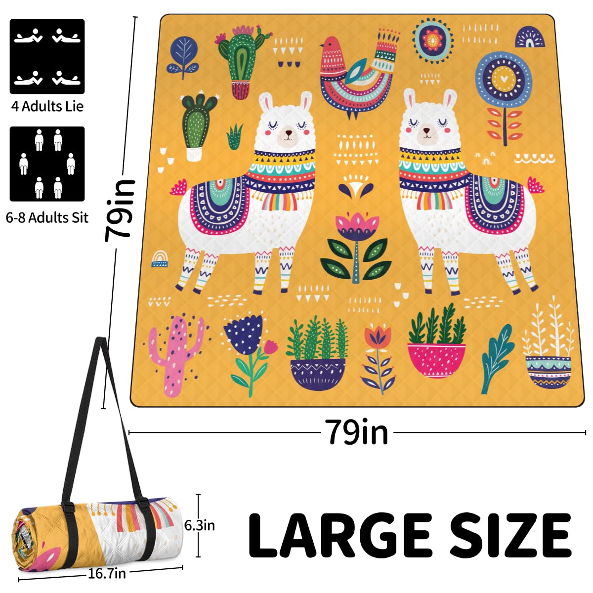Shimoshe Extra Large Picnic Blankets 79”x 79”, Cactus Flower Bird Alpaca Waterproof Foldable Picnic Mat with Straps Portable Beach Blanket for Camping Park Grass Beach Indoor