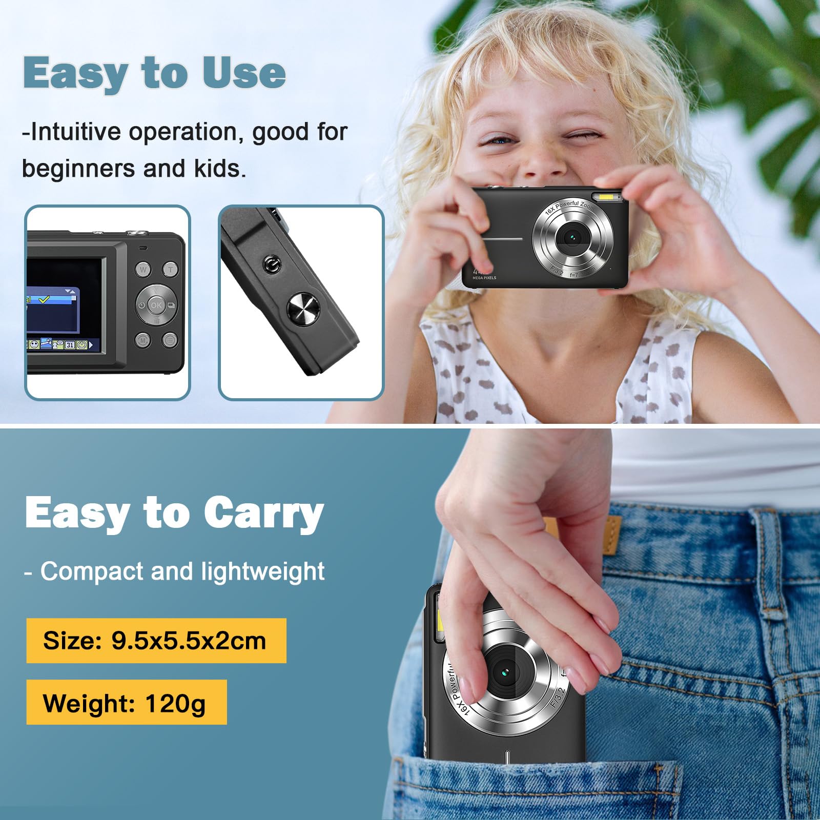 Appareil photo numérique 1080P 44MP avec carte FHD de 32G - Appareil photo avec zoom numérique 16X - Appareil photo numérique portable avec batterie - Appareil photo simple pour enfants, étudiants