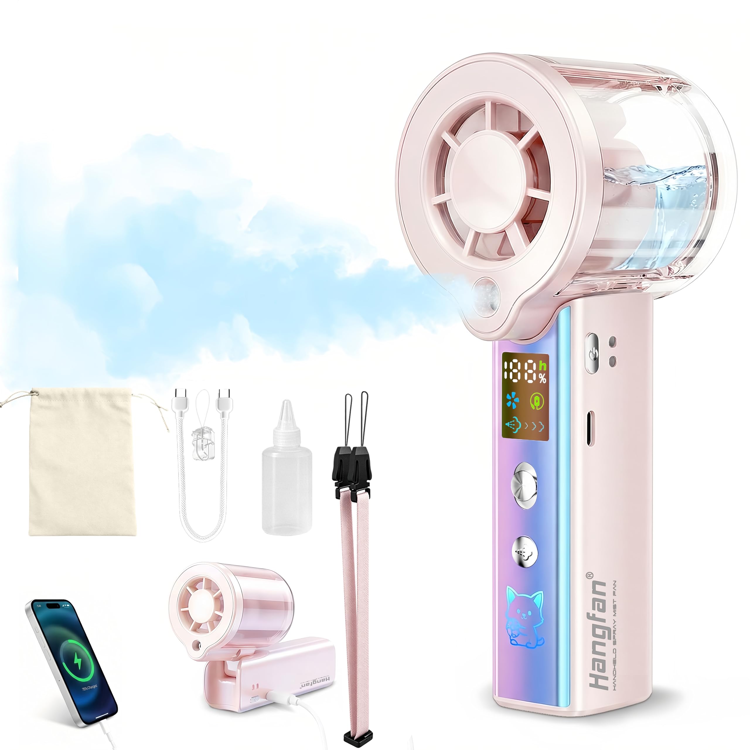 4-in-1 portable spray handheld fan,Extra-large battery USB rechargeable spray fan,Adjustable 1-100 Speed,mini fan,foldable personal fan,LED display,for Travel/makeup/Outdoor/Camping/concert(Pink)