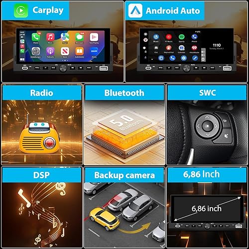 Miniatura 2 de Estéreo de coche de un solo DIN, CarPlay inalámbrico y Android Auto IPS pantalla táctil de 6.86 pulgadas con Bluetooth con cámara de respaldo,