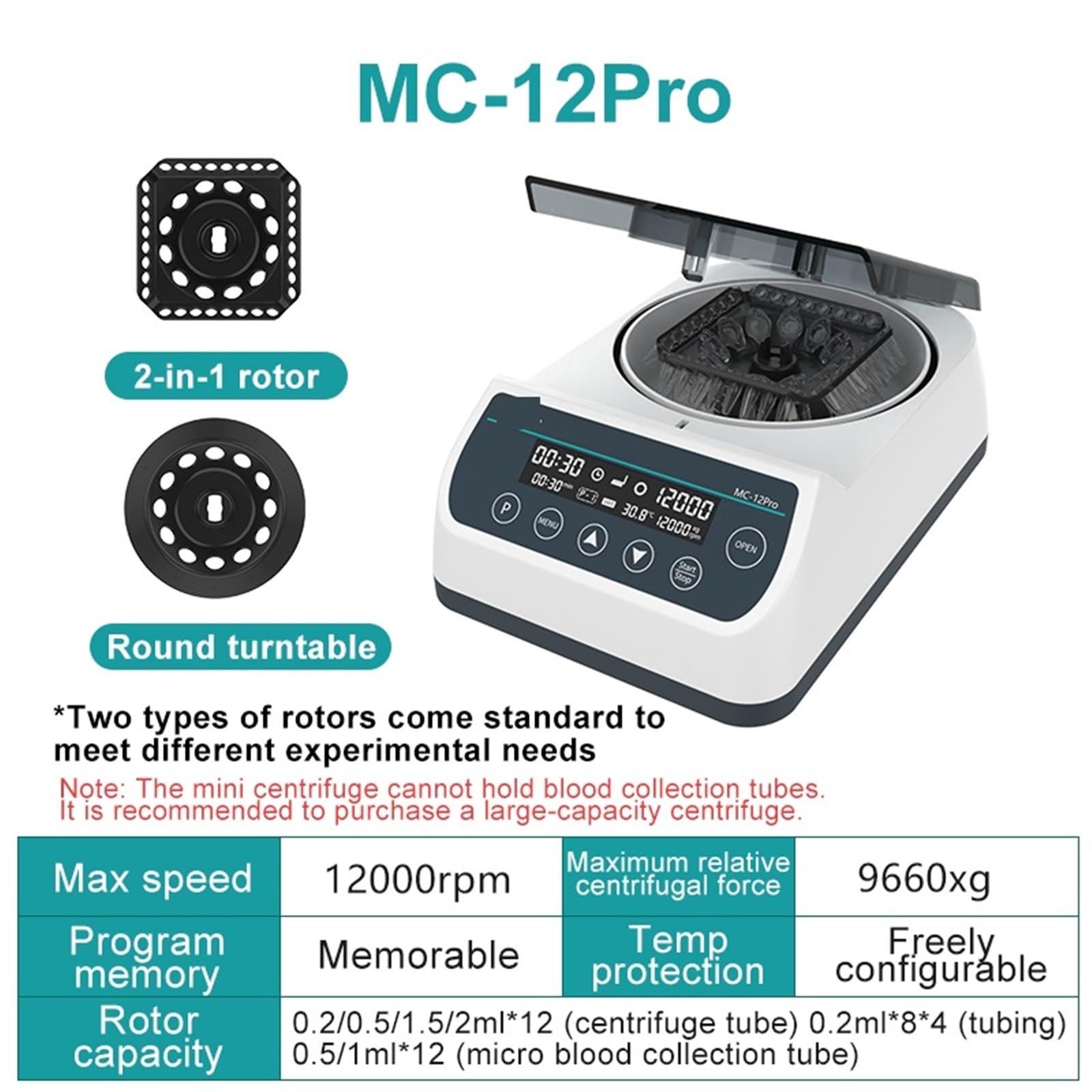 Centrífuga de sobremesa de laboratorio, Máquina Centrífuga PCR, Centrífuga Digital De Laboratorio De Alta Velocidad, 12000RPM, 0,2/0,5/1,5/2ml, Tubo Centrífugo MC-12Pro