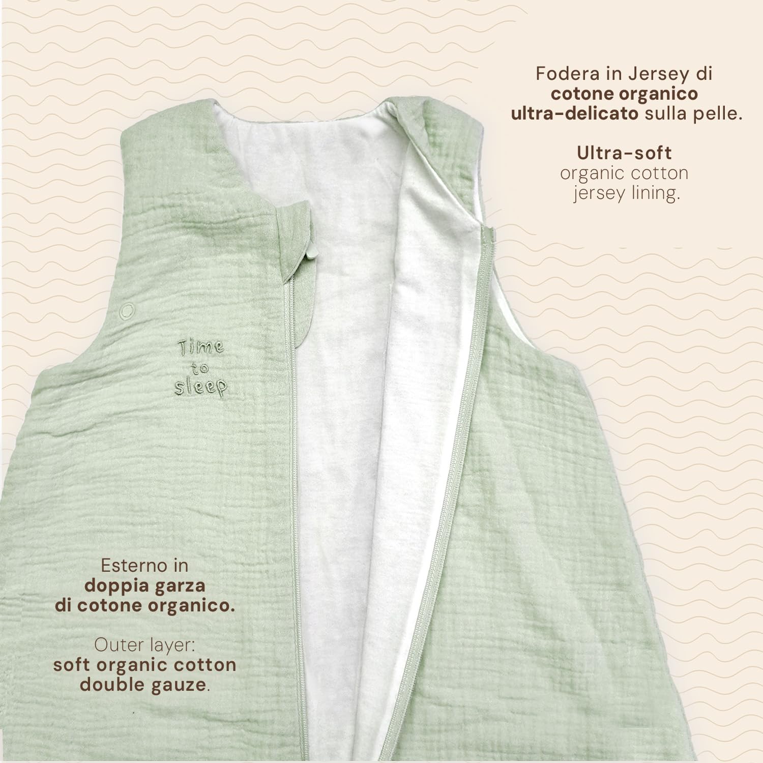 PERLETTI Sacco Nanna Tog 1 Estivo Primavera Cotone Organico - Senza Maniche e Piedini Neonato Bambino 0-6 Mesi e 6-18 Mesi - Leggero Confortevole Morbido con Cerniera Centrale