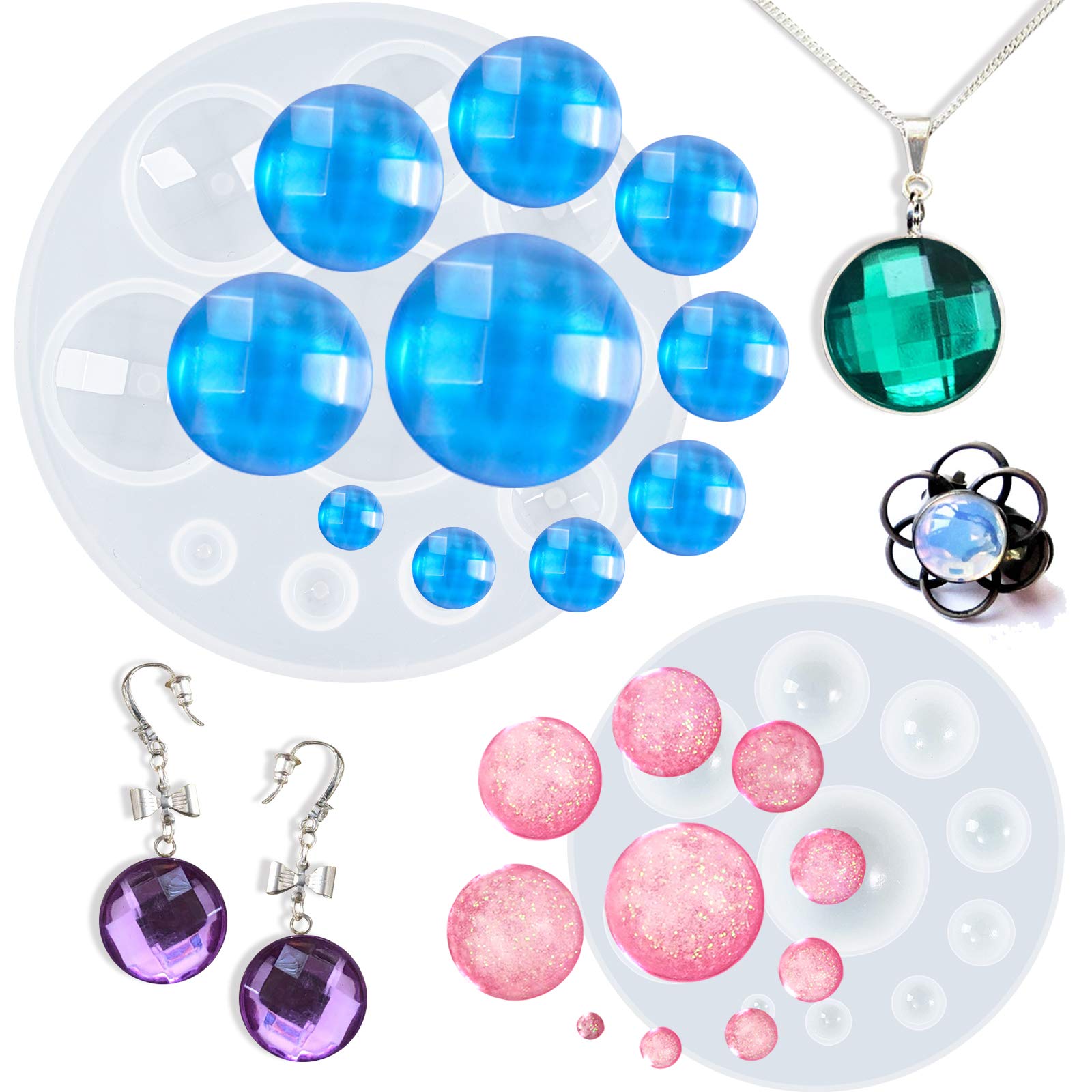 Funshowcase 20 Cavities 2 Designs Mini Dome Cabochon Gemstone Pastry Silicone Mold For Cake Decoration, Cupcake Topper, Polymer Clay, Crafting, Resin Epoxy, Jewelry Making 2 Bundle Circle And Faceted, 20-Cavity