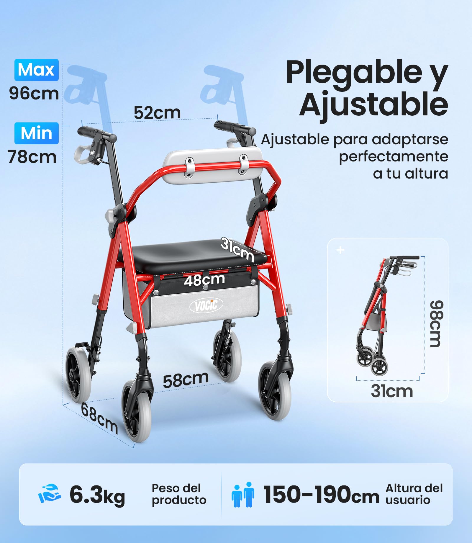VOCIC Andador plegable ligero con asiento, 6,3kg Ultraligero, Max 150 kg | andador para ancianos con ruedas, asiento ergonómico, altura regulable, Walker estrecho para apartamento & viajes, rojo
