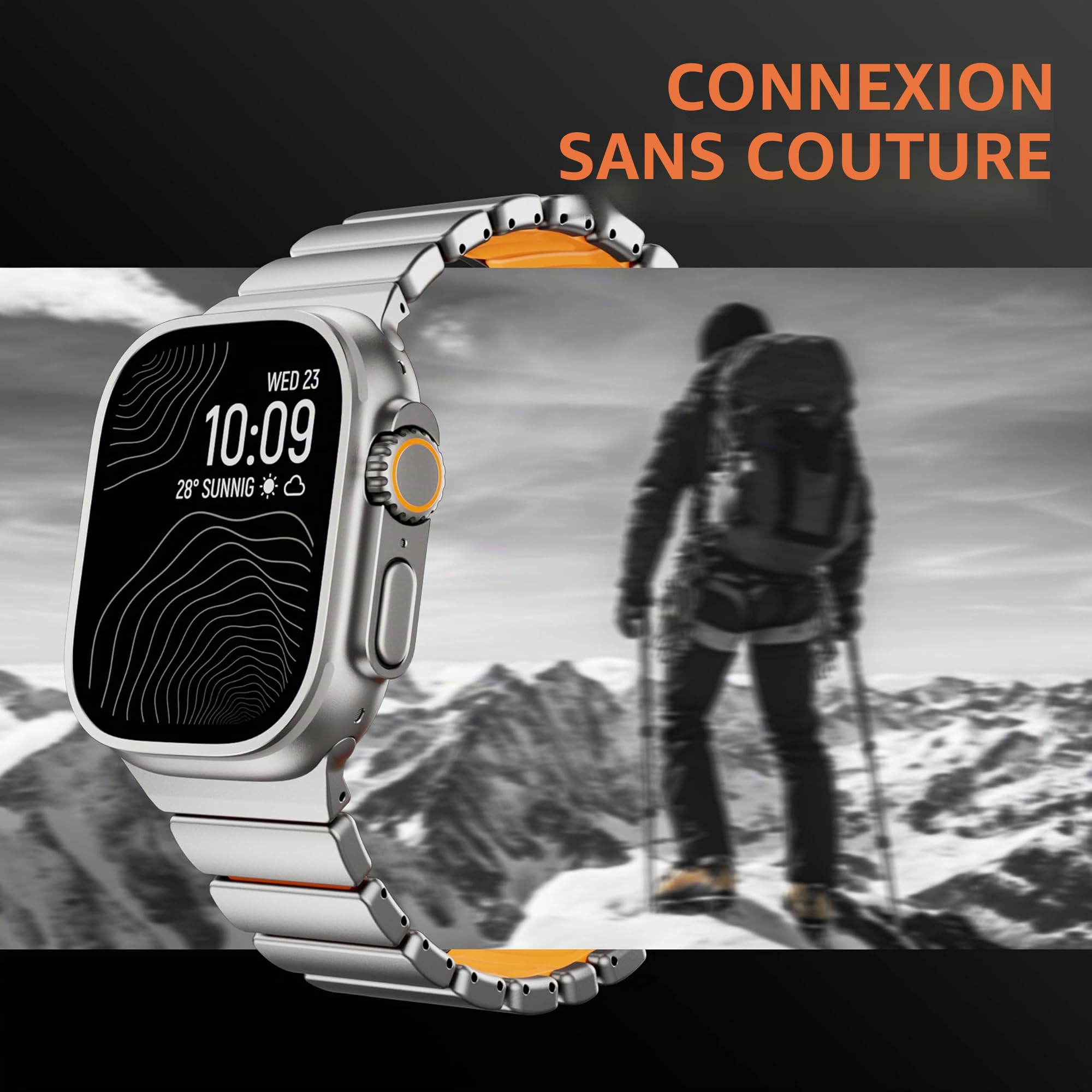 Bracelet double couche en silicone titane de luxe compatible avec Apple Watch Band Ultra 3/2/1 49 mm, 46 mm, 45 mm, 44 mm, 42 mm - Bracelet en métal avec fermoir magnétique pour iWatch Series 11