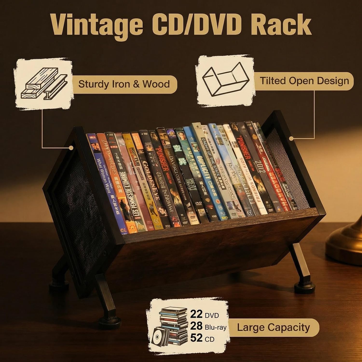 Scaffale per DVD con base a piede, 40 x 28 x 28 cm, per scrivania o armadio, organizer per CD, può contenere fino a 23 DVD o 36CD