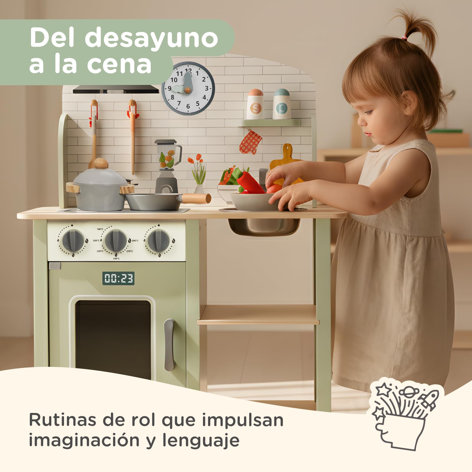 Nene Toys Cocina de Juguete de Madera – Cocinita con Fregadero, Horno y Fogones + 6 Accesorios – Juego de Imitación para Niños 3–5 Años – Mandos Giratorios, Bol Metálico, Resistente y Fácil de Montar