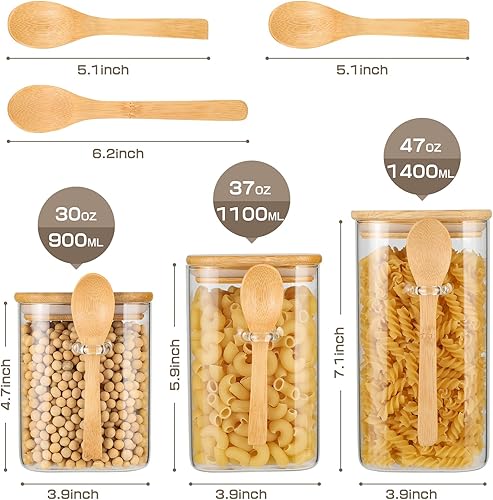 Miniatura 2 de Juego de 3 recipientes de almacenamiento de vidrio con tapas de bambú y cuchara, tarros de vidrio hermético transparente para almacenamiento de