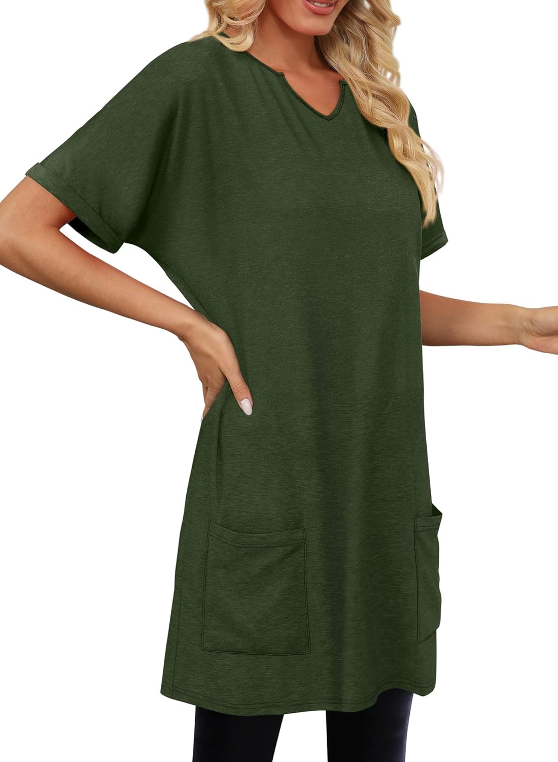 KISSMODA Woman Lightweight Dress with Hood Short Sleeve Summer Loose Pullovers with Pockets Long Tunics Top for Leggings - Image 3