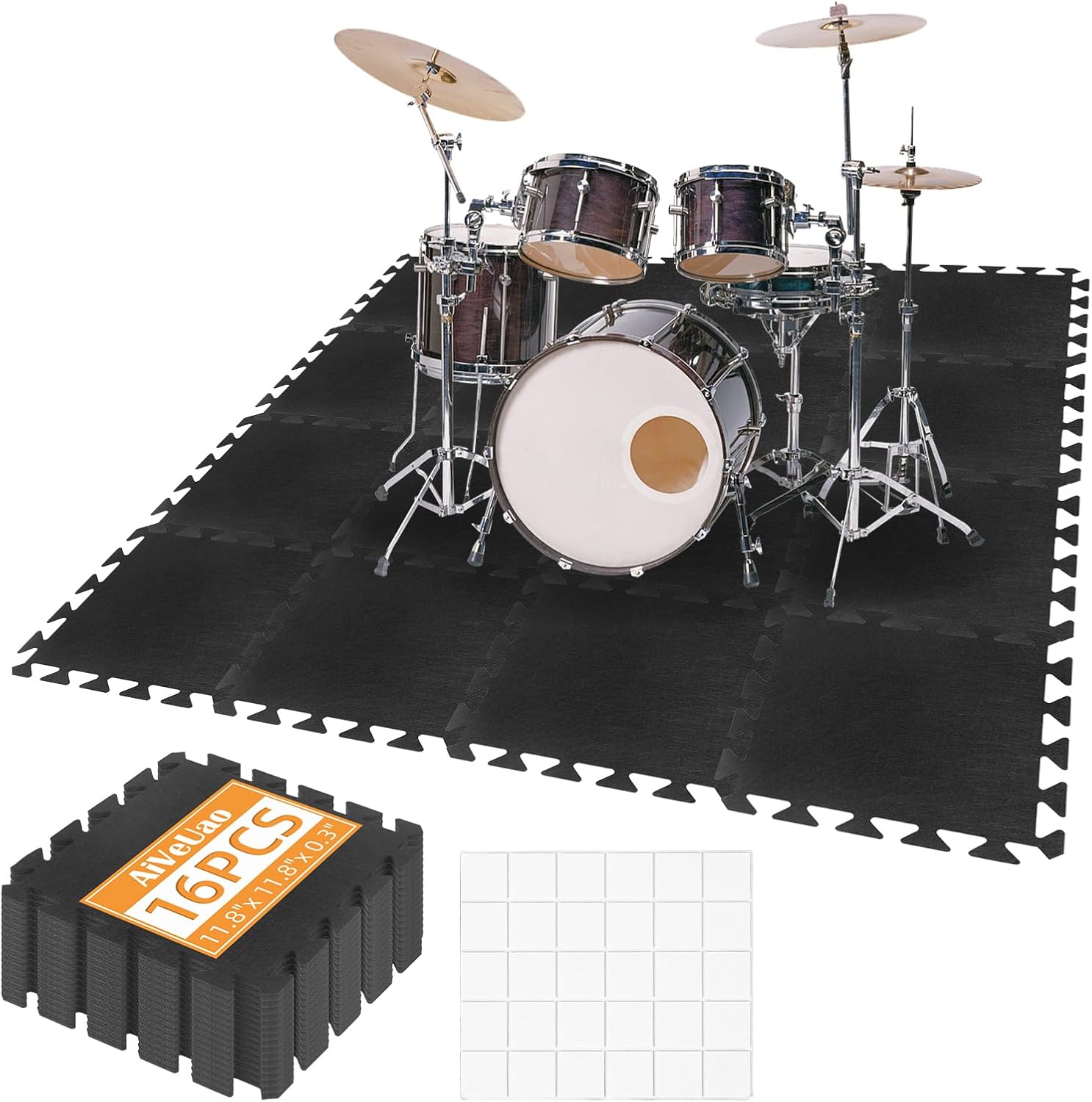 16Pcs Sound Absorbing Interlocking Floor Mats, 11 x 11 x 0.3 Inch High Density Piano Carpet Drum Rug, Non-Slip Anti Vibration Soundproof Pads, Black