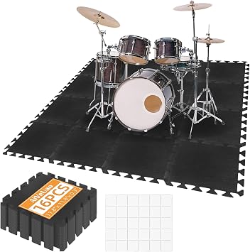 16Pcs Sound Absorbing Interlocking Floor Mats, 11 x 11 x 0.3 Inch High Density Piano Carpet Drum Rug, Non-Slip Anti Vibration Soundproof Pads, Black