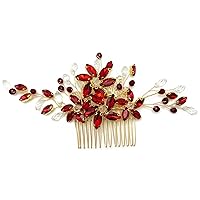 Vista 8 de BETITETO Pieza de pelo de novia de cristal rojo con peine de flores de vid dorada, accesorios para el cabello para bodas, mujeres y niñas