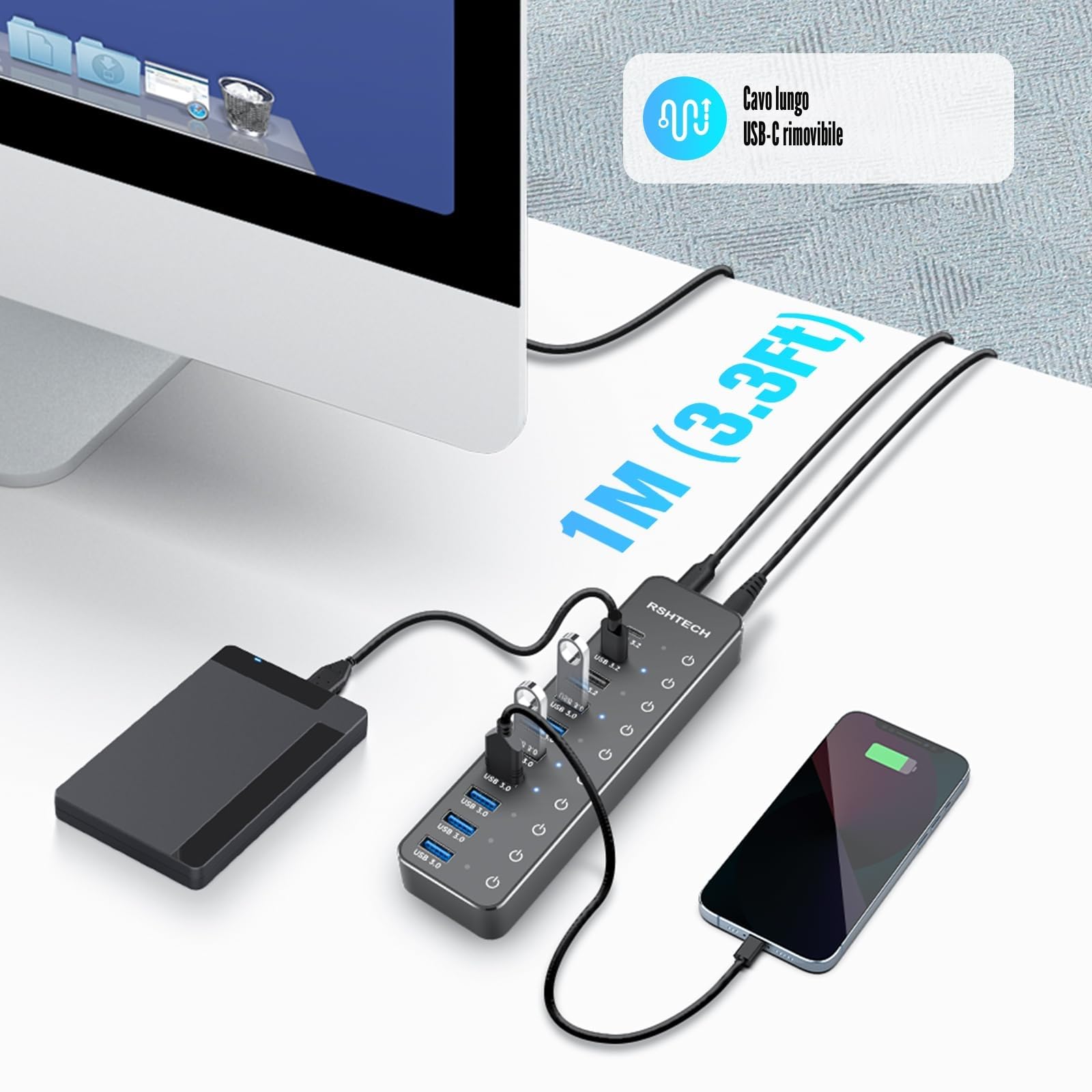 Hub USB Alimentato, RSHTECH Hub USB 3.2/USB C a 10 Porte con Porte Dati USB-A 3.2 e 2x USB-C 3.2 10Gbps, 7 Porte USB-A 3.0 e Alimentazione 12V/5A 60W, Interruttori Individuali USB HUB, RSH-ST10C