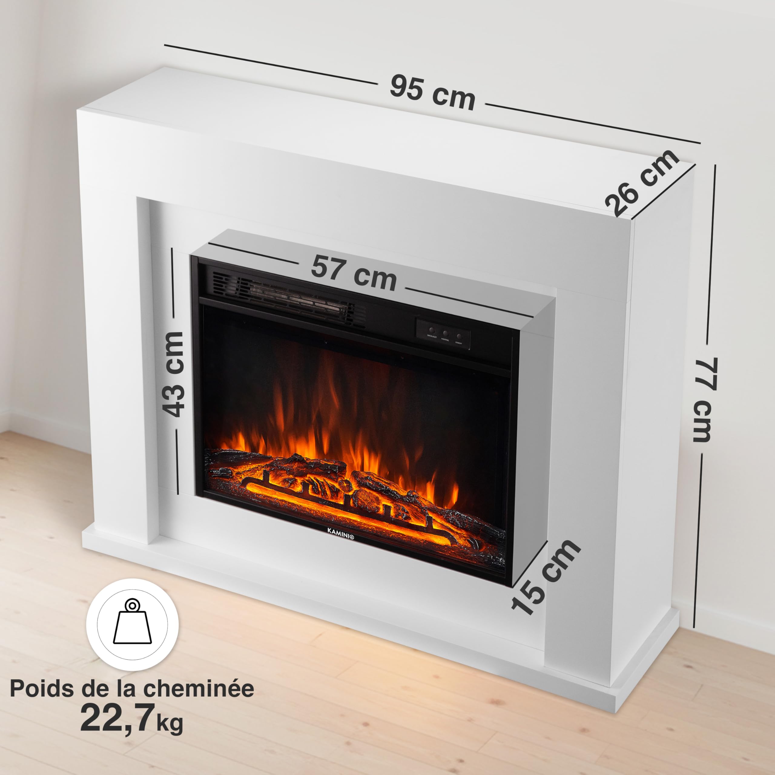KAMINIO Cheminée Electrique Matti - Cheminée Électrique sur Pied avec Chauffage, Effet de Flamme 3D, lumière d'ambiance LED, télécommande - 38 Pouces (Blanc)