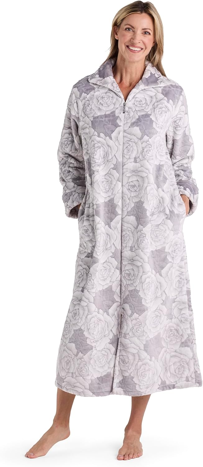 Miss Elaine Women's Robe Long, Plush Ultra Soft Fleece, Zipper Robe with Long Sleeves and Two Side Pockets