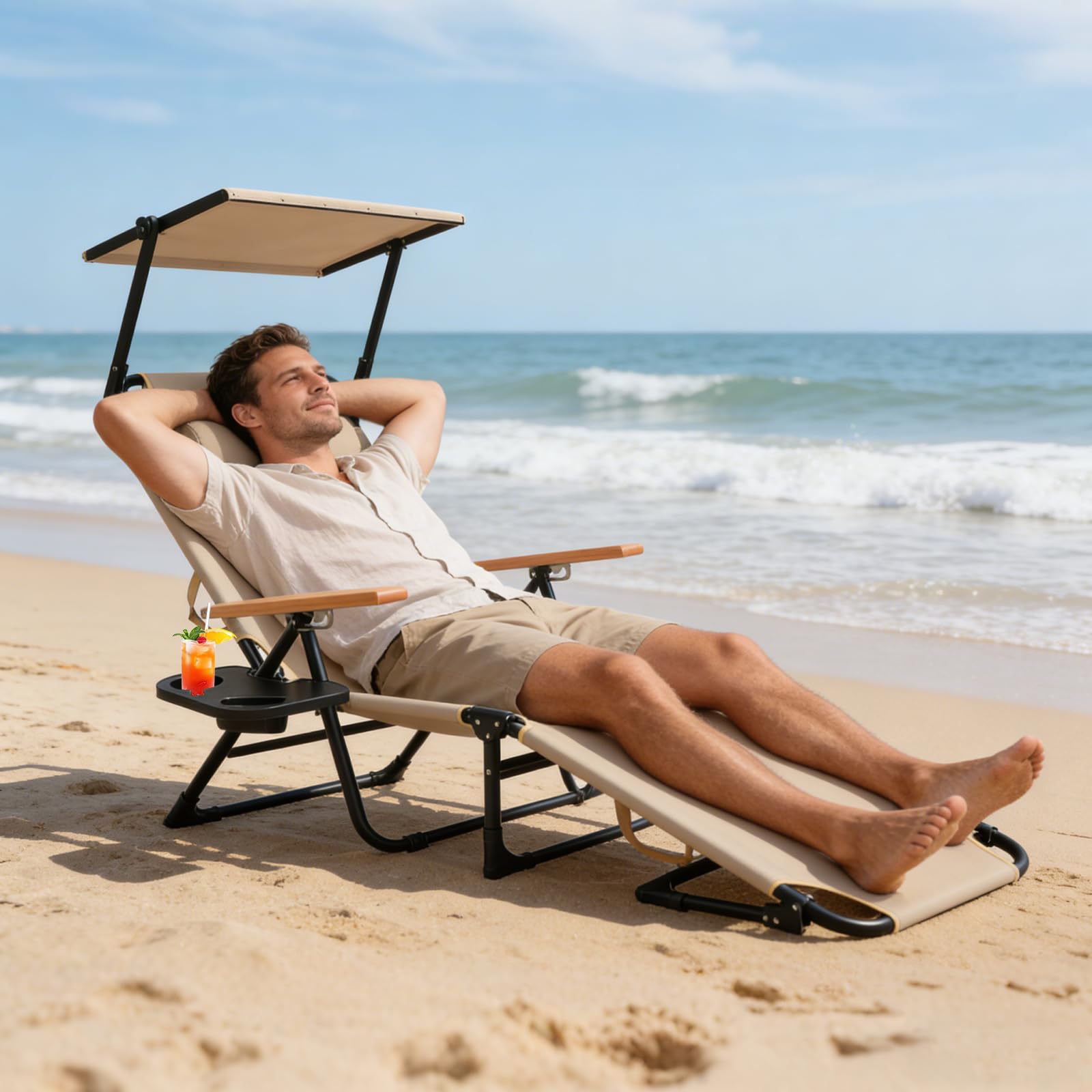 Chaise Longue Pliable Inclinable 4 Positions Transat, Charge Max 150KG, Transat Pliant Légère et Pliable, Fauteuil Relax Jardin pour Jardin Terrasse Piscine Plage Camping (Beige avec auvent)
