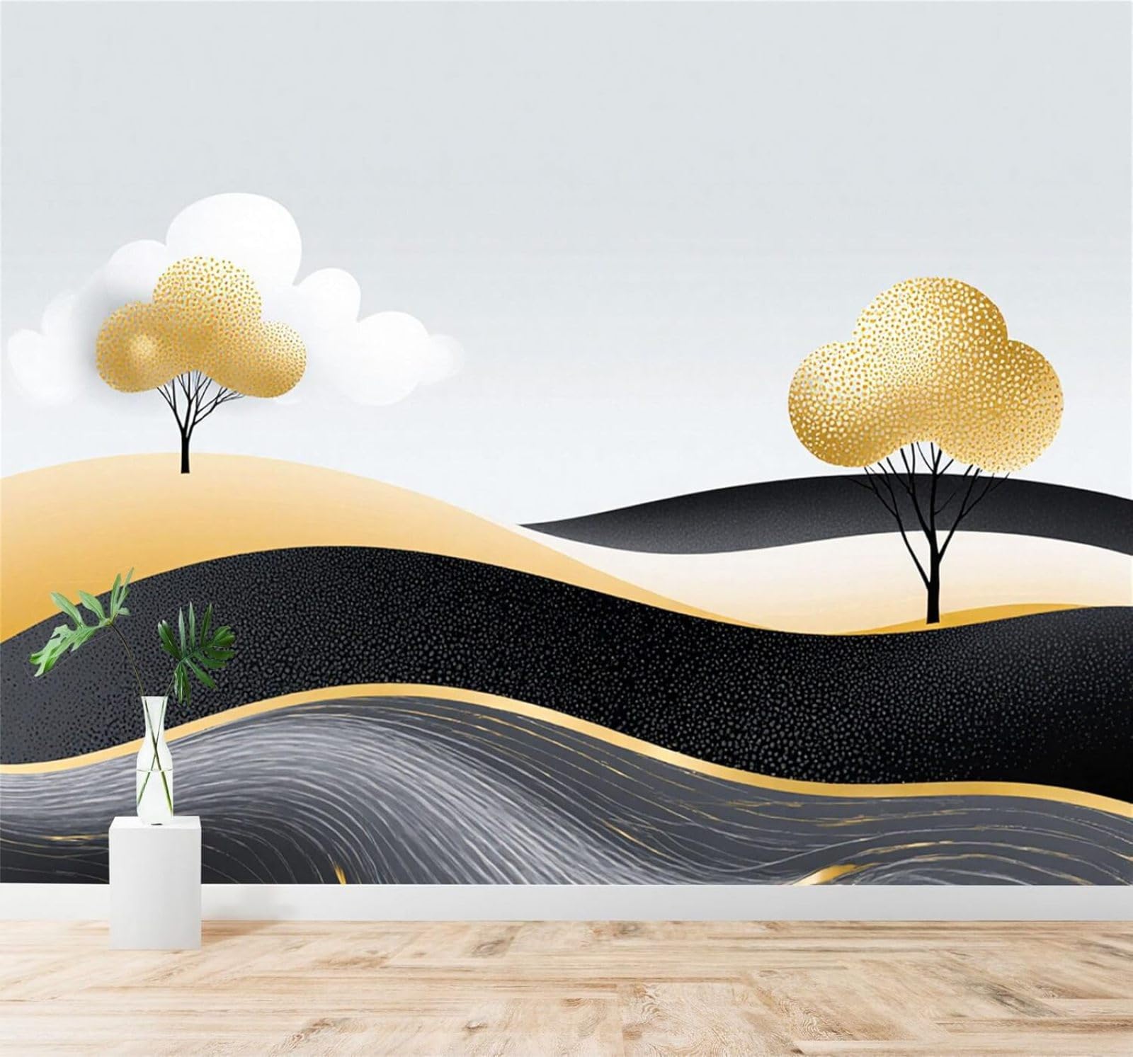 XLMING Minimalist Golden Trees Abstract Black and Grey Waves Hills 3D Wallpaper Silky Texture Home Study Office Grey Dining Room Sofa Bedroom Living Room TV Backdrop-350cm×256cm