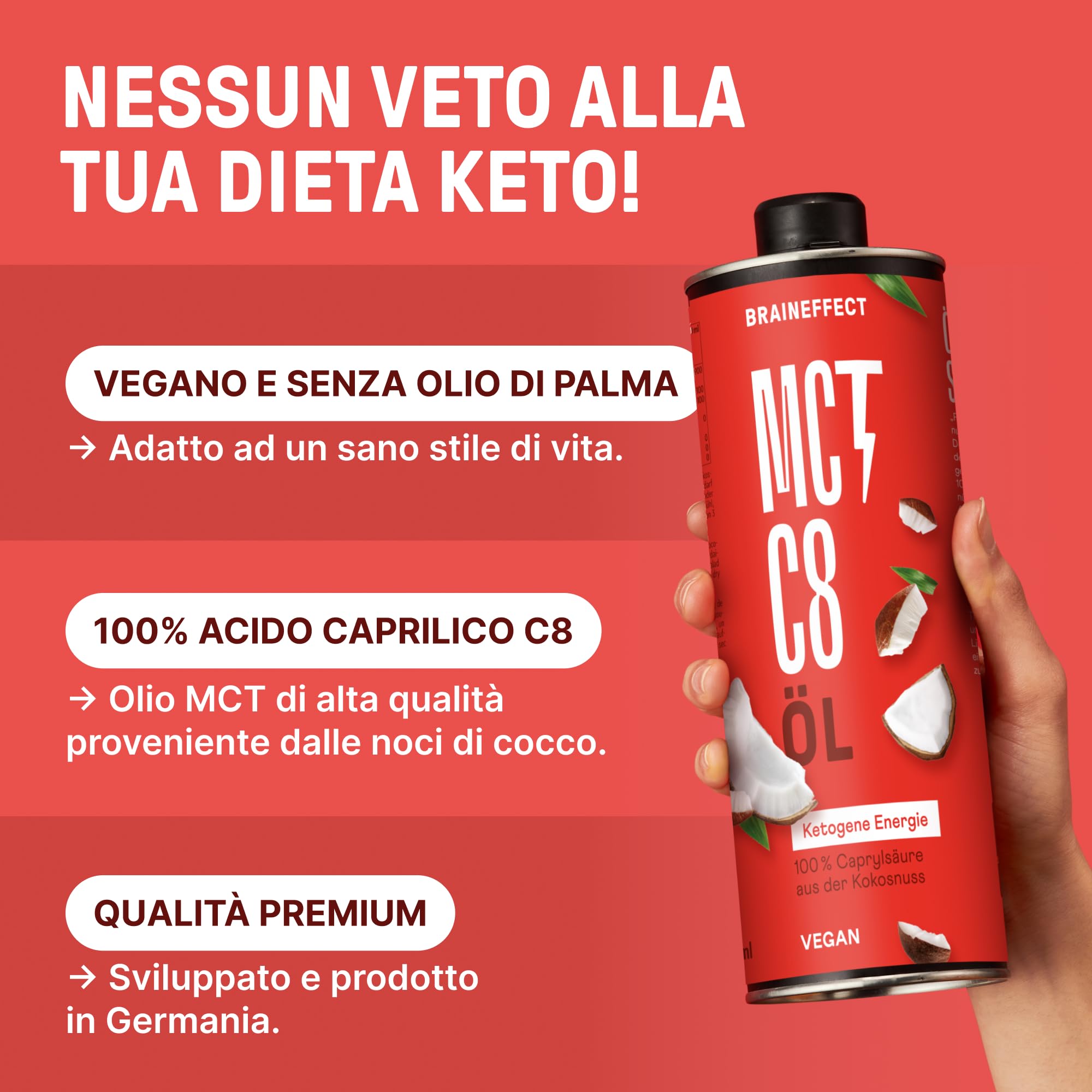 BRAINEFFECT Olio MCT 100% C8 - Qualità tedesca - Olio C8 puro (senza C10) da estratto di cocco di alta qualità - 1000 ml - Bottiglia metallica protettiva