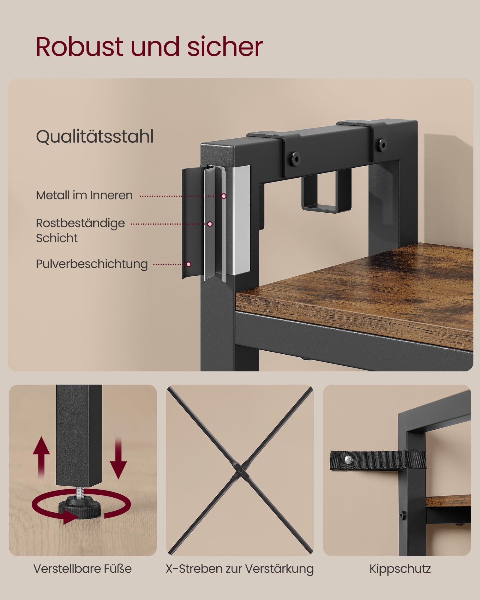 VASAGLE Garderobenständer mit Schuhbank, Garderobe, 5 Regalebenen aus Spanplatten, 9 Dreifach-Haken, 6 seitliche Haken, 40 x 120 x 190 cm, vintagebraun-tintenschwarz HSR426B01