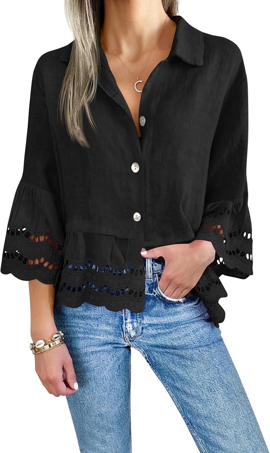 Cicy Bell Womens 3/4 Bell Sleeve Button Down Shirts Casual Ruffle Hem Tops Eyelet Blouse